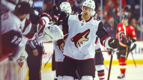 Taylor Hall celebrates a goal with the Arizona Coyotes