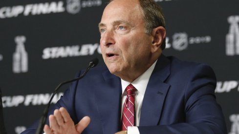 NHL commissioner Gary Bettman speaks at a press conference before game one of the 2019 Stanley Cup Final between the Boston Bruins and the St. Louis Blues at TD Garden.