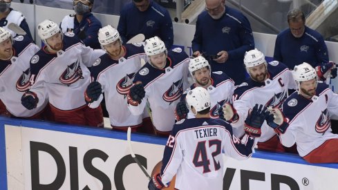 Alexandre Texier celebrates a goal against the Tampa Bay Lightning