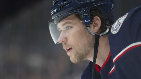 Columbus Blue Jackets right wing Josh Anderson (77) looks on during warm-ups prior to a game against the Calgary Flames at Nationwide Arena.