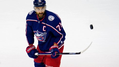 Columbus Blue Jackets left wing Nick Foligno (71) during warm up before game three of the first round of the 2020 Stanley Cup Playoffs at Scotiabank Arena.