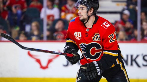 Calgary Flames center Sean Monahan (23) skates against the Vegas Golden Knights during the third period at Scotiabank Saddledome.