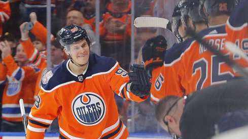 Dec 18, 2018; Edmonton, Alberta, CAN; Edmonton Oilers forward Jesse Puljujarvi (98) celebrates a second period goal against the St. Louis Blues at Rogers Place.