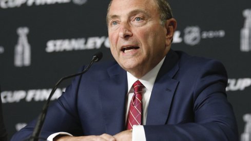 May 27, 2019; Boston, MA, USA; NHL commissioner Gary Bettman speaks at a press conference before game one of the 2019 Stanley Cup Final between the Boston Bruins and the St. Louis Blues at TD Garden.