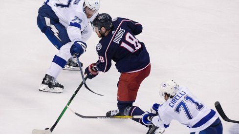 Pierre-Luc Dubois plays against the Tampa Bay Lightning