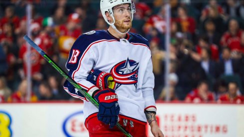 Mar 4, 2020; Calgary, Alberta, CAN; Columbus Blue Jackets center Pierre-Luc Dubois (18) against the Calgary Flames during the second period at Scotiabank Saddledome.