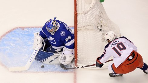 Tampa Bay Lightning goaltender Andrei Vasilevskiy (88) blocks the shot of Columbus Blue Jackets center Liam Foudy (19) during the third period in game two of the first round of the 2020 Stanley Cup Playoffs at Scotiabank Arena