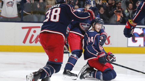 Columbus Blue Jackets forward Gustav Nyquist (14) scores the game winning goal against the Toronto Maple Leafs on a penalty shot at Scotiabank Arena. Columbus defeated Toronto in overtime. 