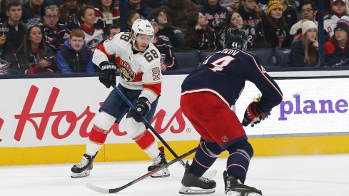  Florida Panthers left wing Mike Hoffman (68) controls the puck against Columbus Blue Jackets defenseman Vladislav Gavrikov (44) during the first period at Nationwide Arena.