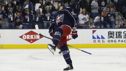 Columbus Blue Jackets forward Pierre-Luc Dubois celebrates a goal scored during the Stanley Cup Playoffs at Nationwide Arena.