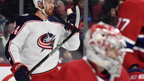 Columbus Blue Jackets defenseman Vladislav Gavrikov (44) reacts after scoring a goal against Montreal Canadiens goalie Carey Price (31) during the first period at the Bell Centre. 
