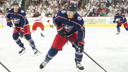 Columbus Blue Jackets center Gustav Nyquist (14) skates with the puck against the Carolina Hurricanes at PNC Arena. The Columbus Blue Jackets defeated the Carolina Hurricanes 3-2.