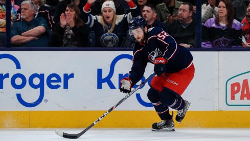 Feb 24, 2020; Columbus, Ohio, USA; Columbus Blue Jackets center Emil Bemstrom (52) skates with the puck against the Ottawa Senators in the overtime period at Nationwide Arena.