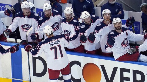 Nick Foligno celebrates a goal during the 2020 Stanley Cup Playoffs