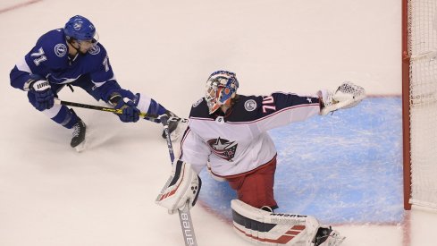 Anthony Cirelli nearly scores during the second period in game two of the first round of the 2020 Stanley Cup Playoffs