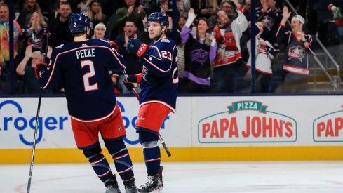 Columbus Blue Jackets defenseman Andrew Peeke (2) celebrates after center Stefan Matteau (23) scores a goal against the Ottawa Senators in the third period at Nationwide Arena.