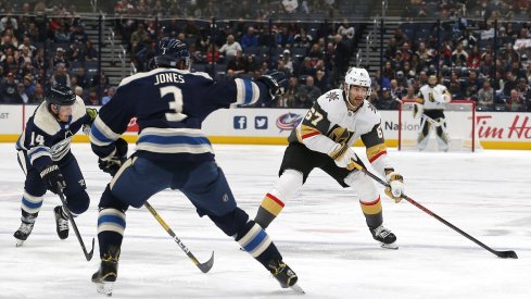 Seth Jones attempts to defend Max Pacioretty of the Vegas Golden Knights