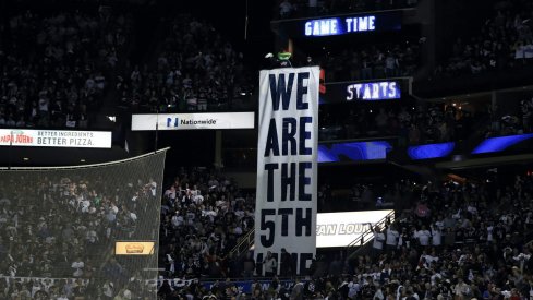 Apr 16, 2019; Columbus, OH, USA; Columbus mascot Stinger stands over the 5th Line banner prior to game four of the first round of the 2019 Stanley Cup Playoffs in the game of the Tampa Bay Lightning against the Columbus Blue Jackets at Nationwide Arena.