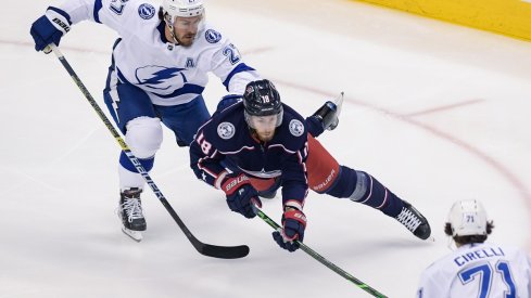 Pierre-Luc Dubois plays against the Tampa Bay Lightning