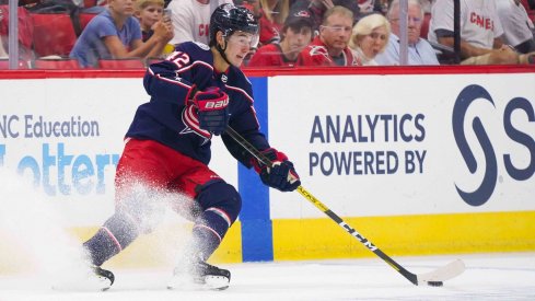 Oct 12, 2019; Raleigh, NC, USA; Columbus Blue Jackets center Alexandre Texier (42) skates with the puck against the Carolina Hurricanes at PNC Arena. The Columbus Blue Jackets defeated the Carolina Hurricanes 3-2.