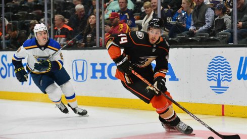 February 11, 2020; Anaheim, California, USA; Anaheim Ducks defenseman Michael Del Zotto (44) moves the puck ahead of St. Louis Blues left wing Sammy Blais (9) during the first period at Honda Center.