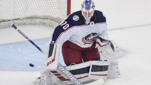 Aug 19, 2020; Toronto, Ontario, CAN; Columbus Blue Jackets goaltender Joonas Korpisalo (70) during warm up before game five of the first round of the 2020 Stanley Cup Playoffs at Scotiabank Arena.