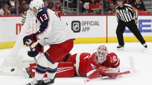 Columbus Blue Jackets forward Cam Atkinson skates with the puck against the St. Louis Blues at Nationwide Arena.