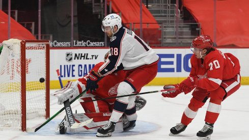 Pierre-Luc Dubois scores his first goal of the season.