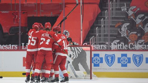 Bobby Ryan celebrates with teammates after scoring a goal against the Columbus Blue Jackets during the first period at Little Caesars Arena