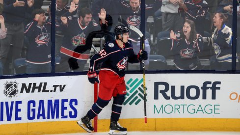 Columbus Blue Jackets forward Alexandre Texier celebrates a goal scored against the Tampa Bay Lightning in the Stanley Cup Playoffs at Nationwide Arena.