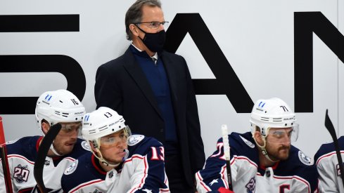 Jan 14, 2021; Nashville, Tennessee, USA; Columbus Blue Jackets head coach John Tortorella looks on from the bench during the first period against the Nashville Predators at Bridgestone Arena.