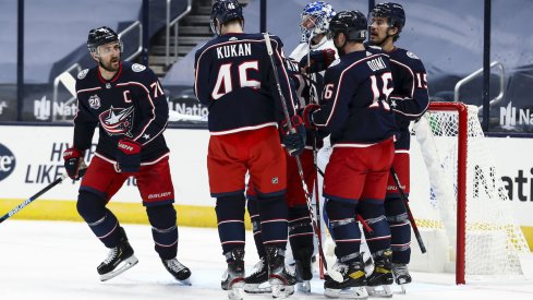 Columbus Blue Jackets left wing Nick Foligno (71) celebrates with teammates after scoring a goal against the Tampa Bay Lightning in the first period at Nationwide Arena. 