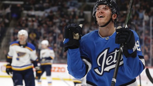 Winnipeg Jets center Jack Roslovic (28) celebrates his second goal of the game in the second period against the St. Louis Blues at Bell MTS Place.