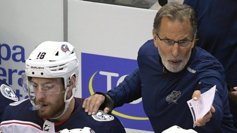 Pierre-Luc Dubois and John Tortorella on the Blue Jackets bench