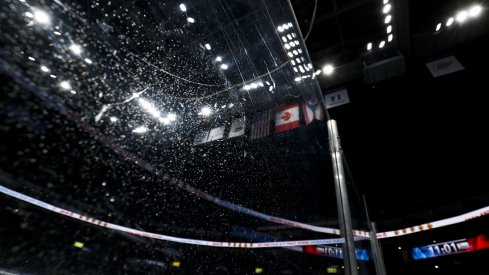  A view of ice spray on the glass during a stop in play in the game between the Florida Panthers and the Columbus Blue Jackets in the third period at Nationwide Arena.