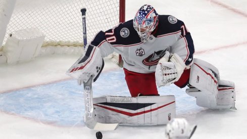 Columbus Blue Jackets goaltender Joonas Korpisalo makes a save during the first period against the Chicago Blackhawks at the United Center.