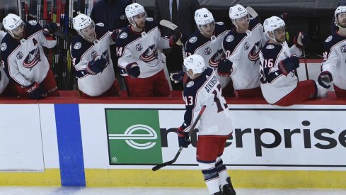 Feb 11, 2021; Chicago, Illinois, USA; Columbus Blue Jackets right wing Cam Atkinson (13) celebrates his goal against the Chicago Blackhawks during the first period at United Center.