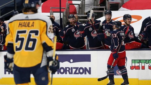 Columbus Blue Jackets right wing Cam Atkinson (13) celebrates a goal against the Nashville Predators during the first period at Nationwide Arena.