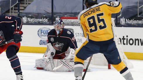 Columbus Blue Jackets goalie Elvis Merzlikins makes a stick save during the second period against the Nashville Predators at Nationwide Arena. 