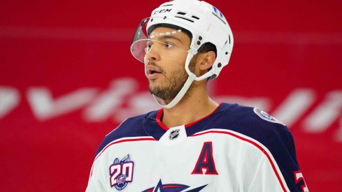 Feb 15, 2021; Raleigh, North Carolina, USA; Columbus Blue Jackets defenseman Seth Jones (3) looks on against the Carolina Hurricanes at PNC Arena.