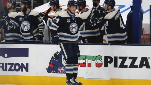Feb 25, 2021; Columbus, Ohio, USA; Columbus Blue Jackets right wing Patrik Laine (29) celebrates a goal against the Chicago Blackhawks during the second period at Nationwide Arena.