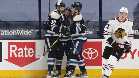 Columbus Blue Jackets right wing Cam Atkinson (13) celebrates a goal against the Chicago Blackhawks during the first period at Nationwide Arena. 