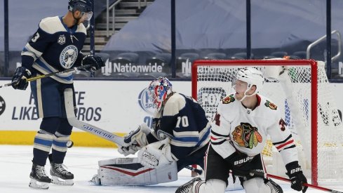 Columbus Blue Jackets goalie Joonas Korpisalo (70) makes a save against the Chicago Blackhawks during the second period at Nationwide Arena. 