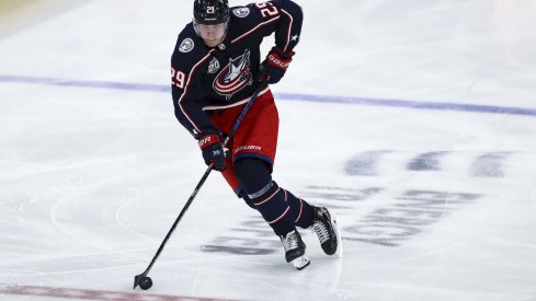 Columbus Blue Jackets forward Patrik Laine skates with the puck during a game at Nationwide Arena in Columbus, Ohio.