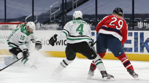 Dallas Stars left wing Blake Comeau (15) blocks the shot attempt of Columbus Blue Jackets right wing Patrik Laine (29) during the third period at Nationwide Arena.