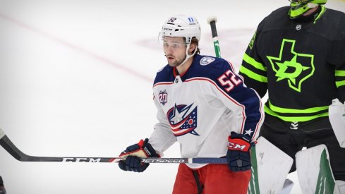 Columbus Blue Jackets center Emil Bemstrom (52) in action during the game between the Dallas Stars and the Columbus Blue Jackets at the American Airlines Center. 