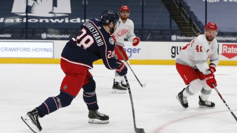 Columbus Blue Jackets right wing Oliver Bjorkstrand (28) shoots over the stick of Detroit Red Wings center Luke Glendening (41) during the third period at Nationwide Arena. 