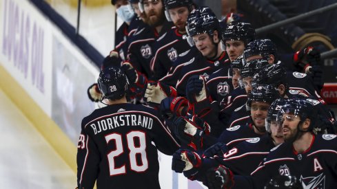 Columbus Blue Jackets forward Oliver Bjorkstrand celebrates a goal scored at Nationwide Arena.