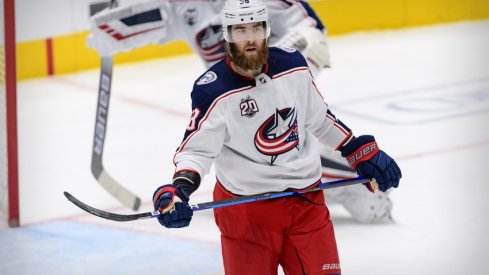 Columbus Blue Jackets defenseman David Savard (58) during the game between the Dallas Stars and the Columbus Blue Jackets at the American Airlines Center.