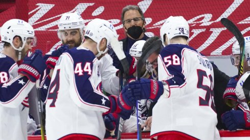 Mar 20, 2021; Raleigh, North Carolina, USA; Columbus Blue Jackets head coach John Tortorella looks on during a timeout against the Carolina Hurricanes at PNC Arena.